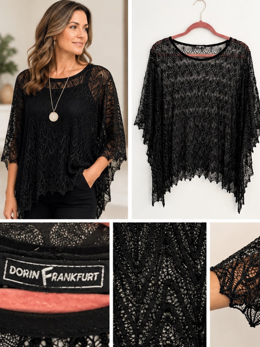 Dorin Frankfurt Black Metallic Lace Poncho Top Asymmetrical Boho Evening